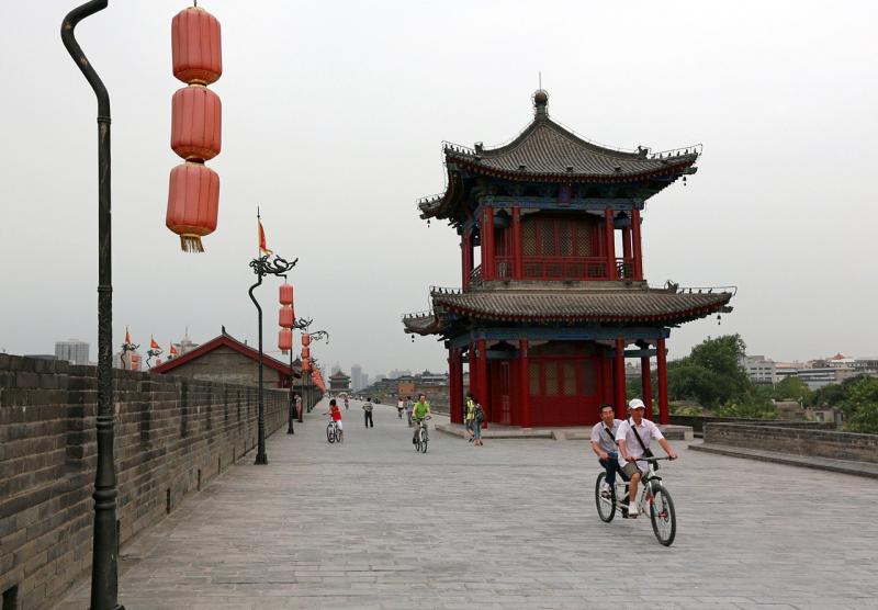 Biking atop the ancient city wall in Xian