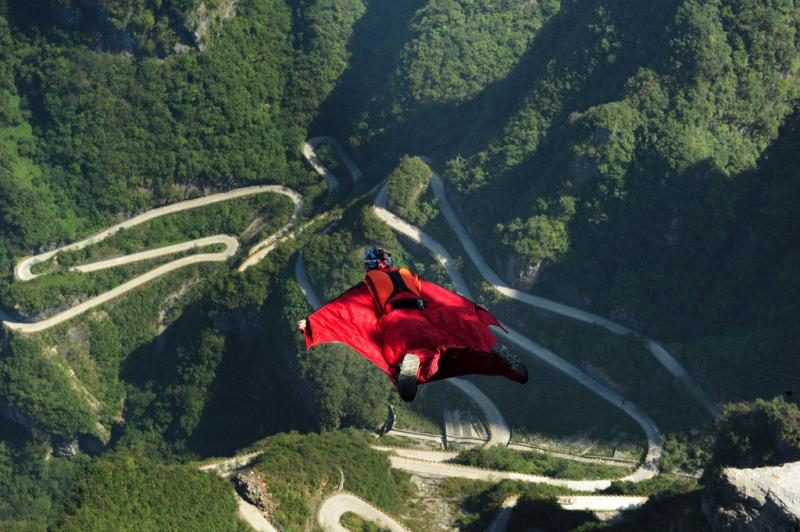 Wingsuit flying over Tianmen Mountain Highway
